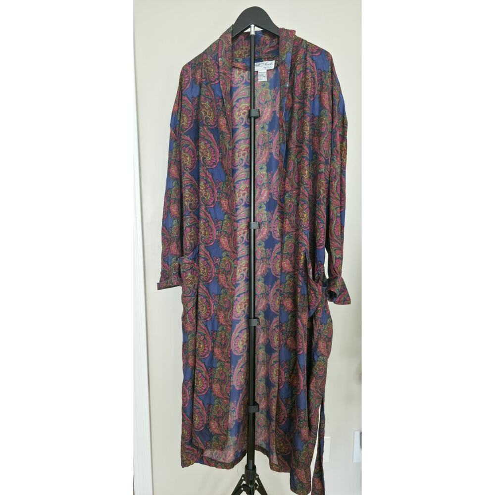 Silk Assets by Danco Paisley VTG Silk Robe Blue Burgundy Belted Retro Boho